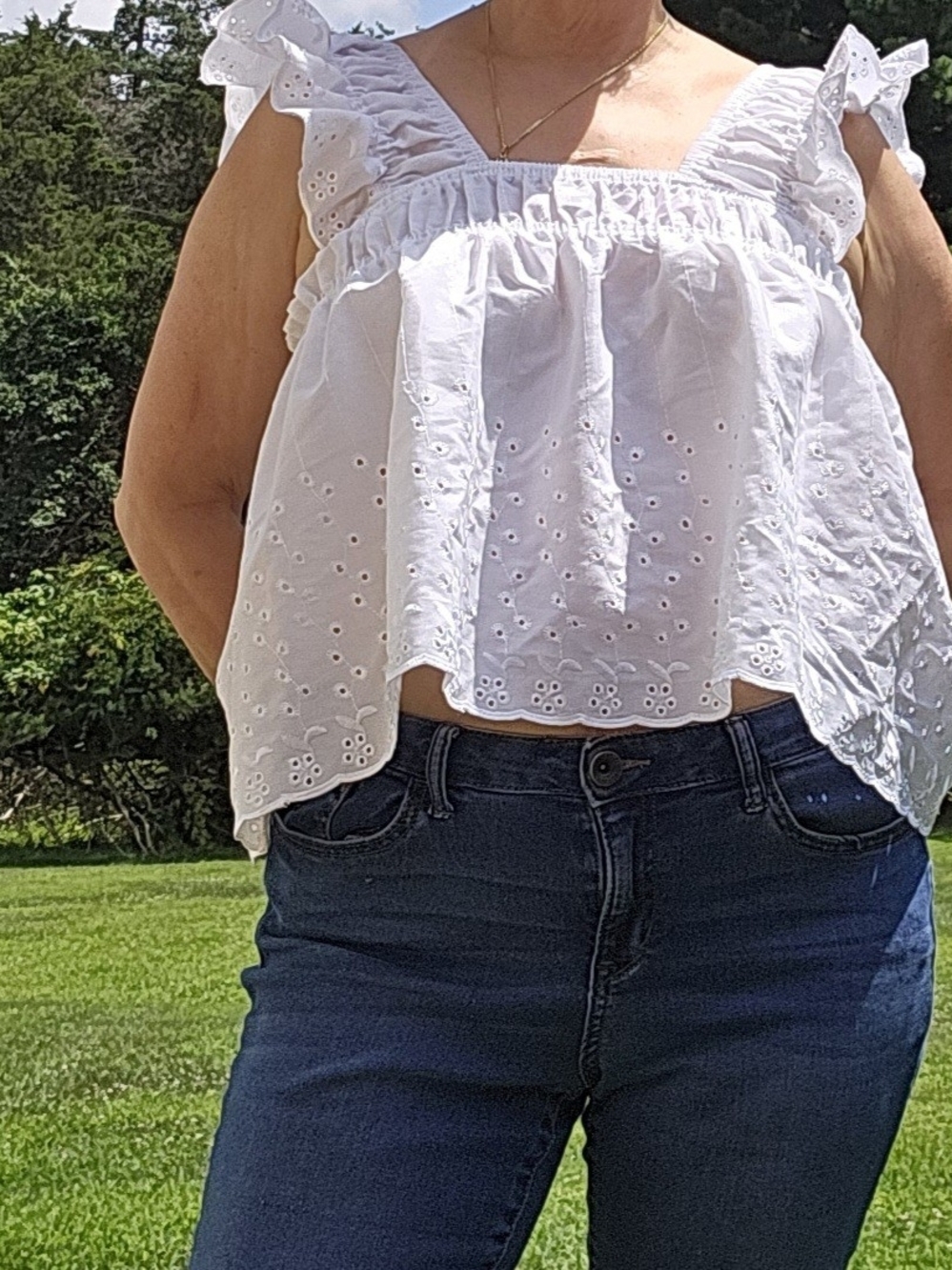 Handmade White Eyelet Ruffle Tank Top Crafted From A Bedskirt